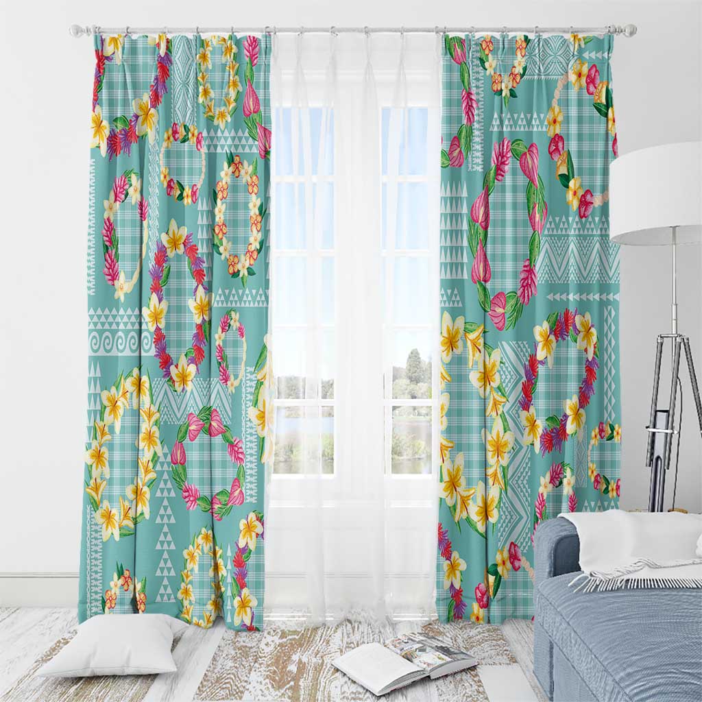 Hawaiian Leis Window Curtain Kakau Tattoos and Palaka Pastel Teal Color LT03 - Polynesian Pride