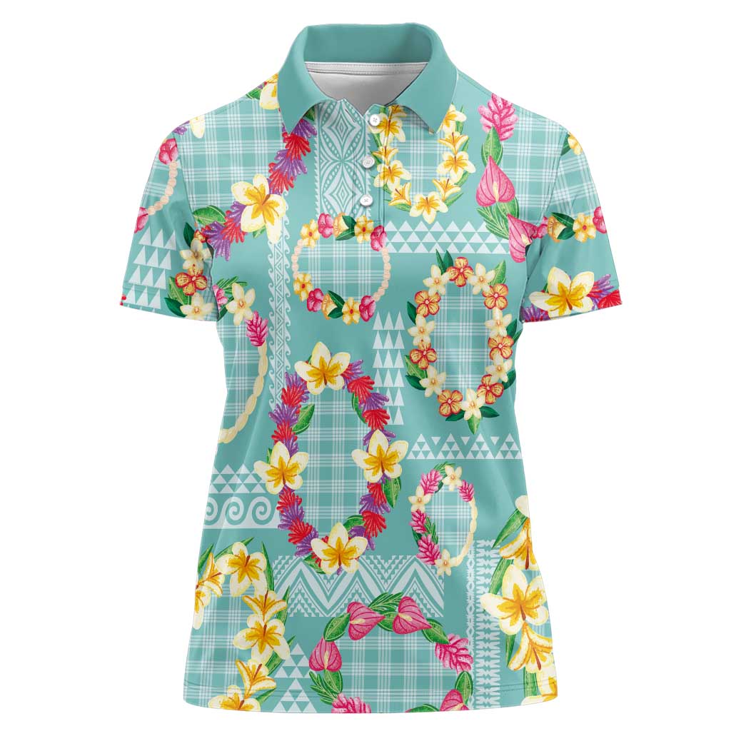 Hawaiian Leis Women Polo Shirt Kakau Tattoos and Palaka Pastel Teal Color LT03 Female Teal - Polynesian Pride