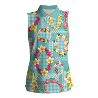 Hawaiian Leis Women Sleeveless Polo Shirt Kakau Tattoos and Palaka Pastel Teal Color