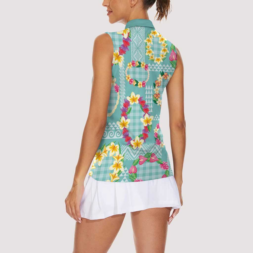 Hawaiian Leis Women Sleeveless Polo Shirt Kakau Tattoos and Palaka Pastel Teal Color