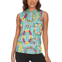 Hawaiian Leis Women Sleeveless Polo Shirt Kakau Tattoos and Palaka Pastel Teal Color