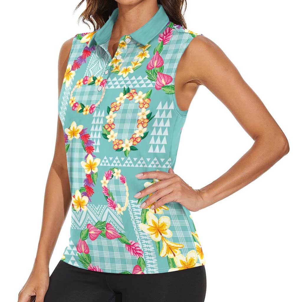 Hawaiian Leis Women Sleeveless Polo Shirt Kakau Tattoos and Palaka Pastel Teal Color