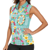 Hawaiian Leis Women Sleeveless Polo Shirt Kakau Tattoos and Palaka Pastel Teal Color
