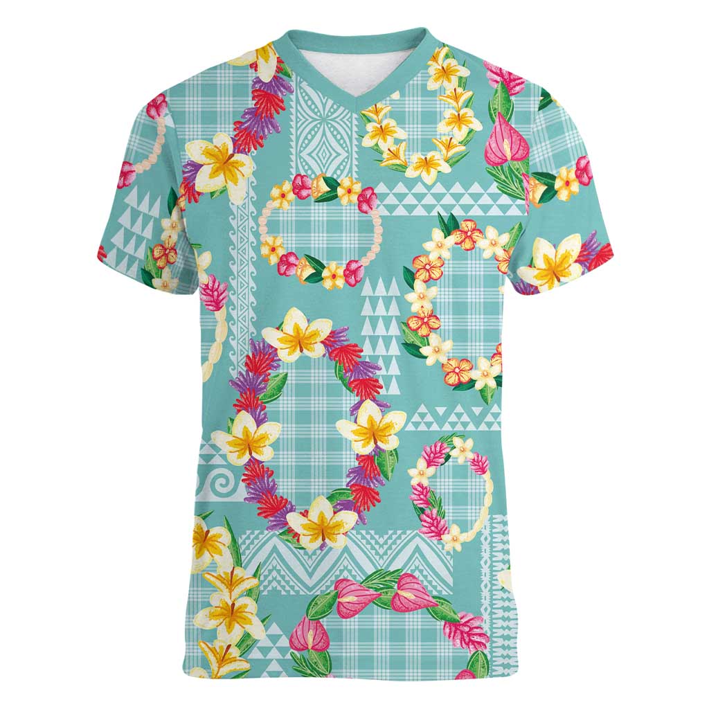 Hawaiian Leis Women V-Neck T-Shirt Kakau Tattoos and Palaka Pastel Teal Color LT03 Female Teal - Polynesian Pride