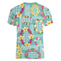 Hawaiian Leis Women V-Neck T-Shirt Kakau Tattoos and Palaka Pastel Teal Color LT03 - Polynesian Pride