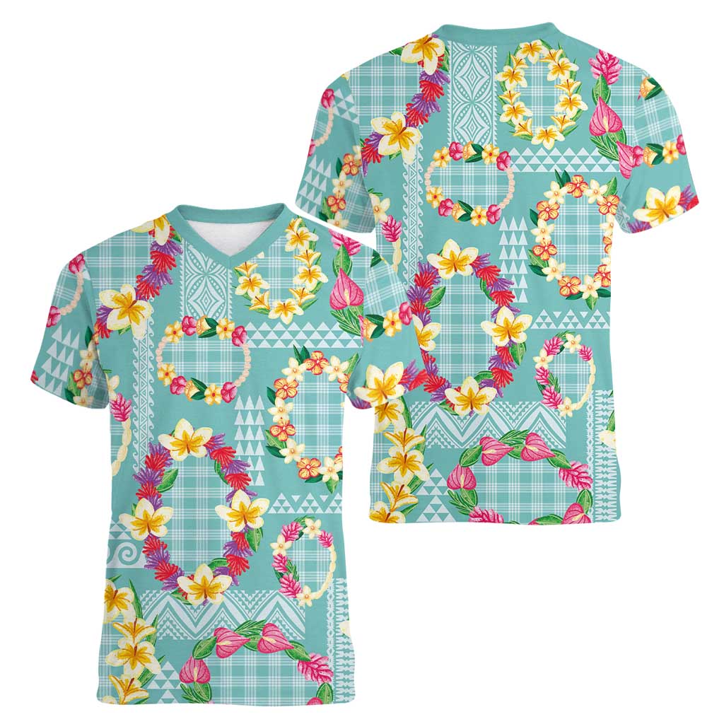Hawaiian Leis Women V-Neck T-Shirt Kakau Tattoos and Palaka Pastel Teal Color LT03 - Polynesian Pride