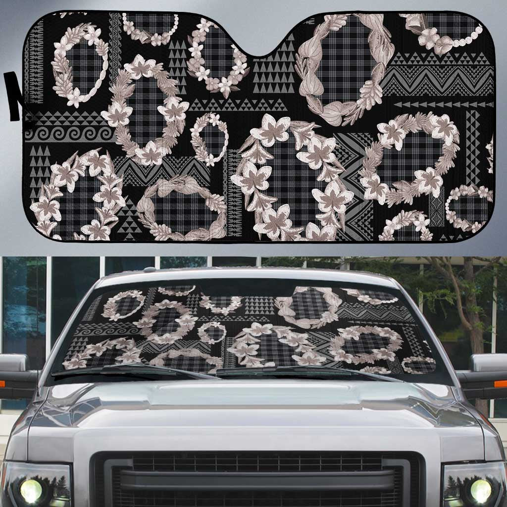 Hawaiian Leis Auto Sun Shade Kakau Tattoos and Palaka Pastel Grayscale LT03 Black - Polynesian Pride