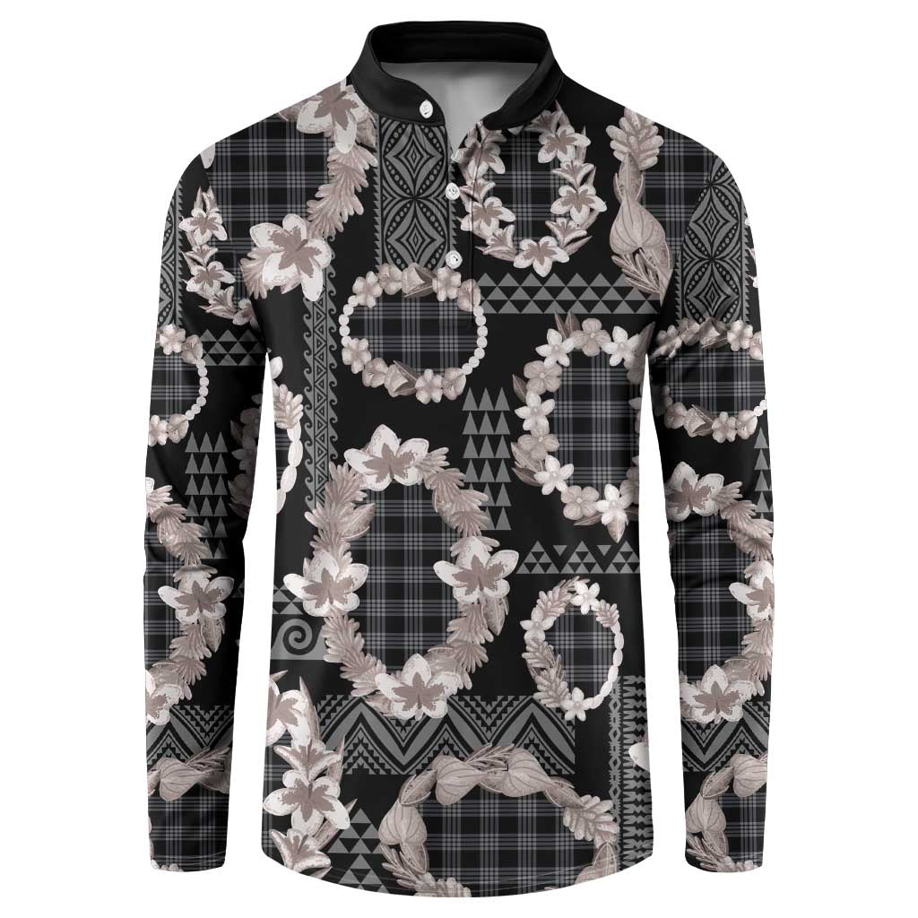 Hawaiian Leis Button Sweatshirt Kakau Tattoos and Palaka Pastel Grayscale LT03 Black - Polynesian Pride
