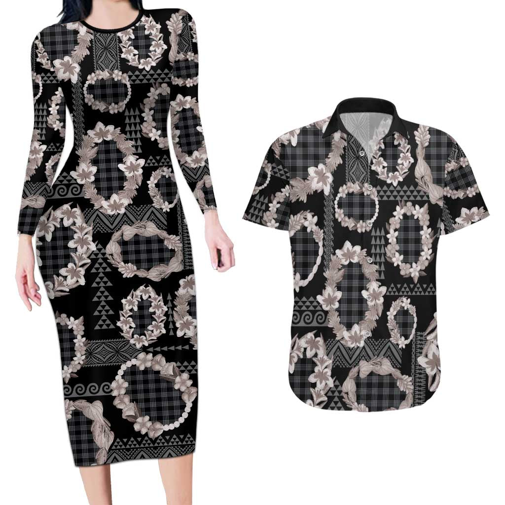 Hawaiian Leis Couples Matching Long Sleeve Bodycon Dress and Hawaiian Shirt Kakau Tattoos and Palaka Pastel Grayscale