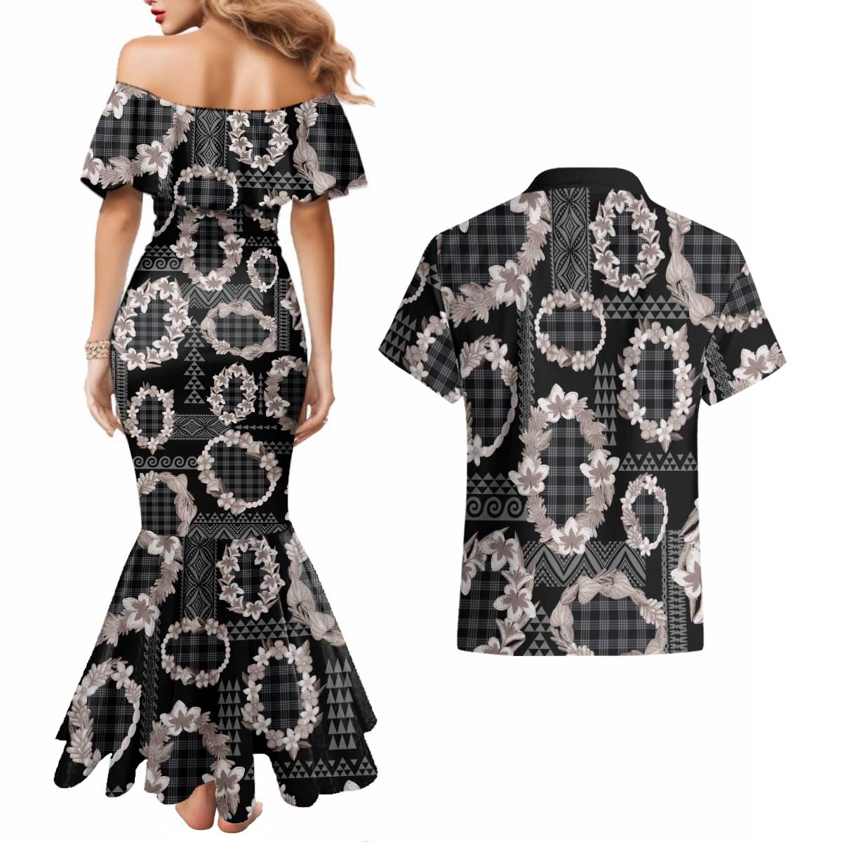 Hawaiian Leis Couples Matching Mermaid Dress and Hawaiian Shirt Kakau Tattoos and Palaka Pastel Grayscale LT03 - Polynesian Pride