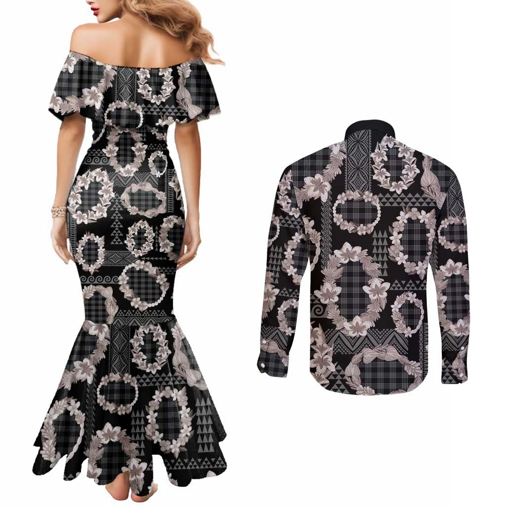 Hawaiian Leis Couples Matching Mermaid Dress and Long Sleeve Button Shirt Kakau Tattoos and Palaka Pastel Grayscale LT03 - Polynesian Pride