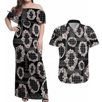 Hawaiian Leis Couples Matching Off Shoulder Maxi Dress and Hawaiian Shirt Kakau Tattoos and Palaka Pastel Grayscale LT03 Black - Polynesian Pride