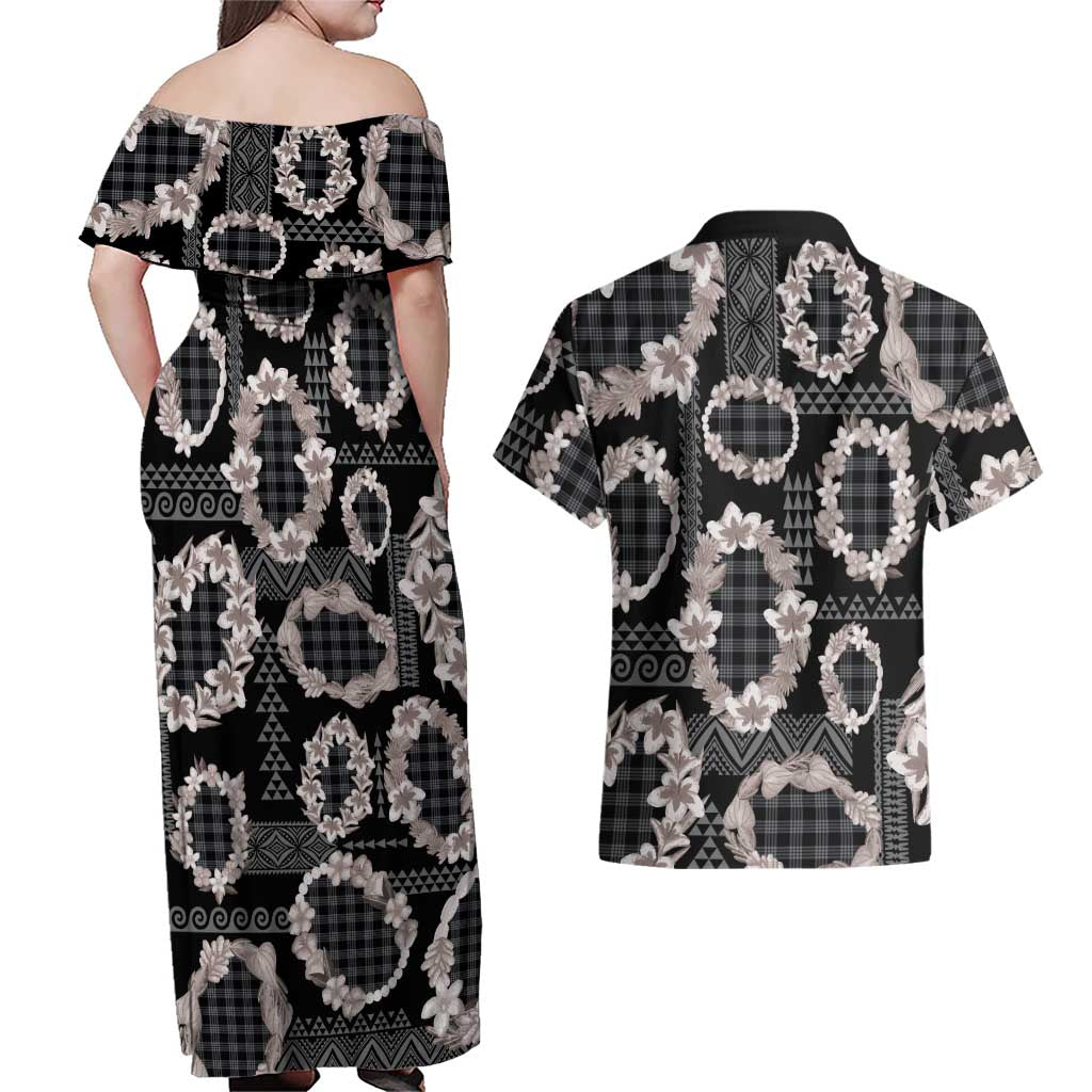 Hawaiian Leis Couples Matching Off Shoulder Maxi Dress and Hawaiian Shirt Kakau Tattoos and Palaka Pastel Grayscale LT03 - Polynesian Pride