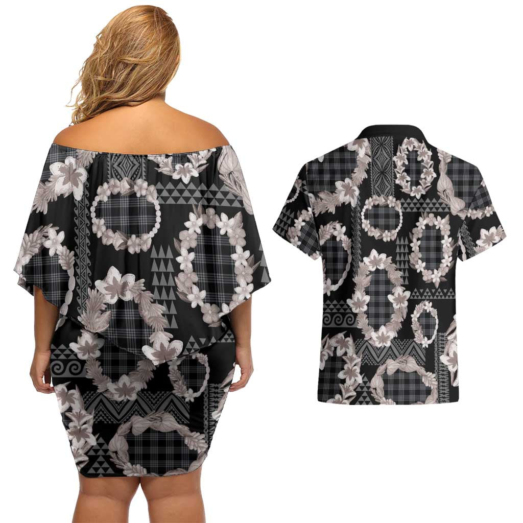 Hawaiian Leis Couples Matching Off Shoulder Short Dress and Hawaiian Shirt Kakau Tattoos and Palaka Pastel Grayscale LT03 - Polynesian Pride