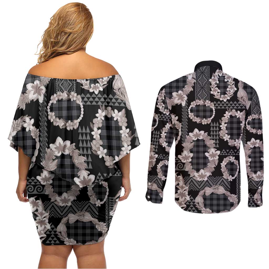Hawaiian Leis Couples Matching Off Shoulder Short Dress and Long Sleeve Button Shirt Kakau Tattoos and Palaka Pastel Grayscale LT03 - Polynesian Pride