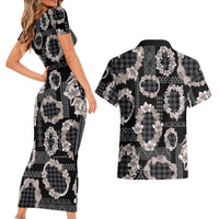 Hawaiian Leis Couples Matching Short Sleeve Bodycon Dress and Hawaiian Shirt Kakau Tattoos and Palaka Pastel Grayscale
