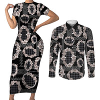 Hawaiian Leis Couples Matching Short Sleeve Bodycon Dress and Long Sleeve Button Shirt Kakau Tattoos and Palaka Pastel Grayscale LT03 Black - Polynesian Pride