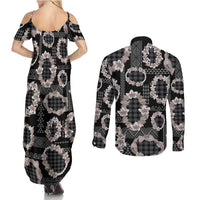 Hawaiian Leis Couples Matching Summer Maxi Dress and Long Sleeve Button Shirt Kakau Tattoos and Palaka Pastel Grayscale LT03 - Polynesian Pride