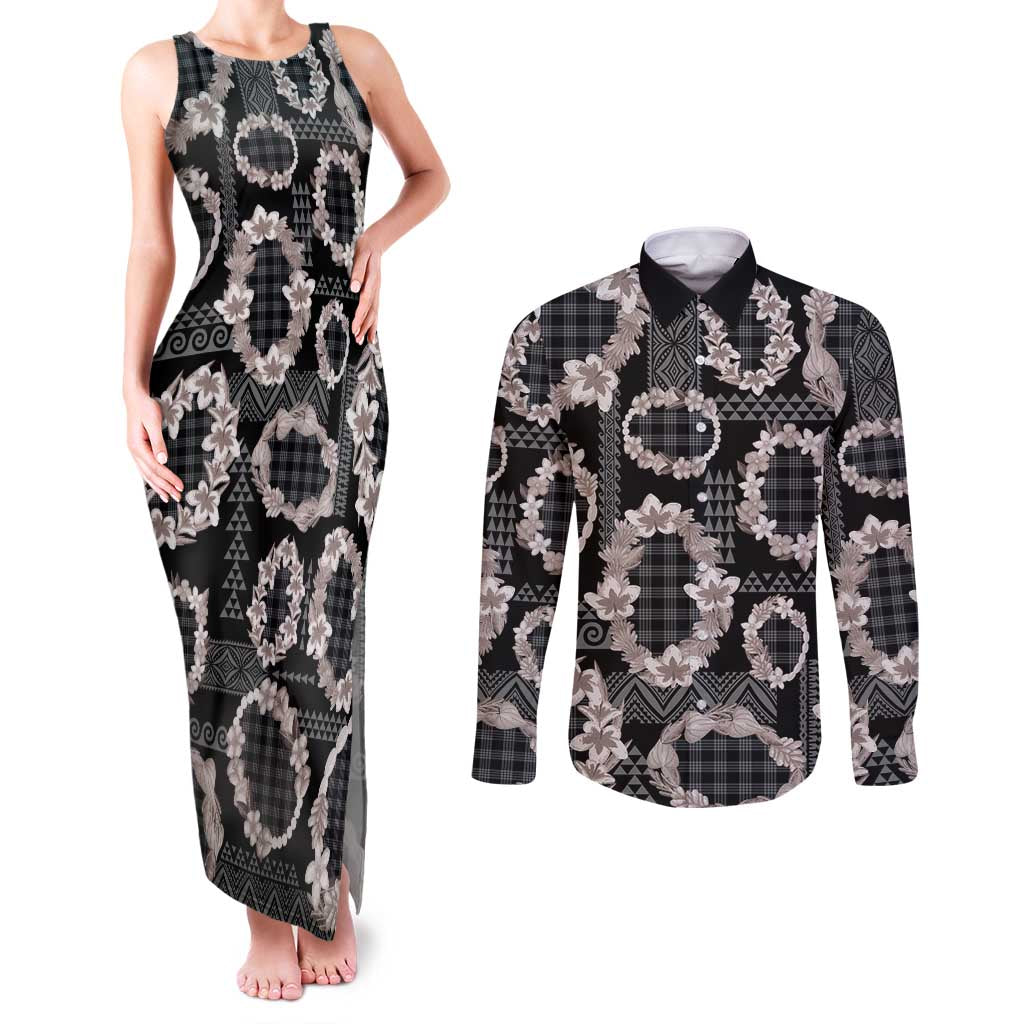 Hawaiian Leis Couples Matching Tank Maxi Dress and Long Sleeve Button Shirt Kakau Tattoos and Palaka Pastel Grayscale LT03 Black - Polynesian Pride