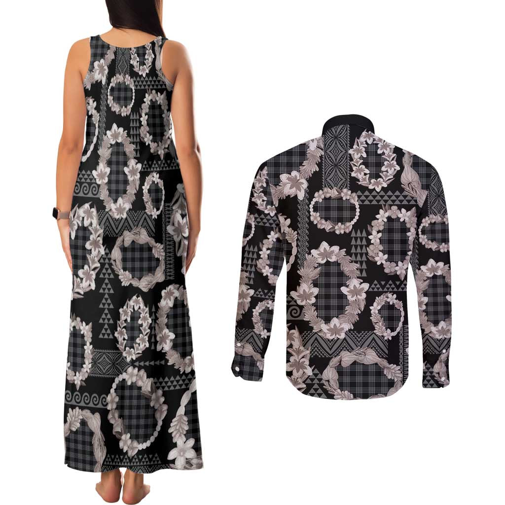 Hawaiian Leis Couples Matching Tank Maxi Dress and Long Sleeve Button Shirt Kakau Tattoos and Palaka Pastel Grayscale LT03 - Polynesian Pride
