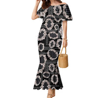 Hawaiian Leis Family Matching Mermaid Dress and Hawaiian Shirt Kakau Tattoos and Palaka Pastel Grayscale LT03 Mom's Dress Black - Polynesian Pride