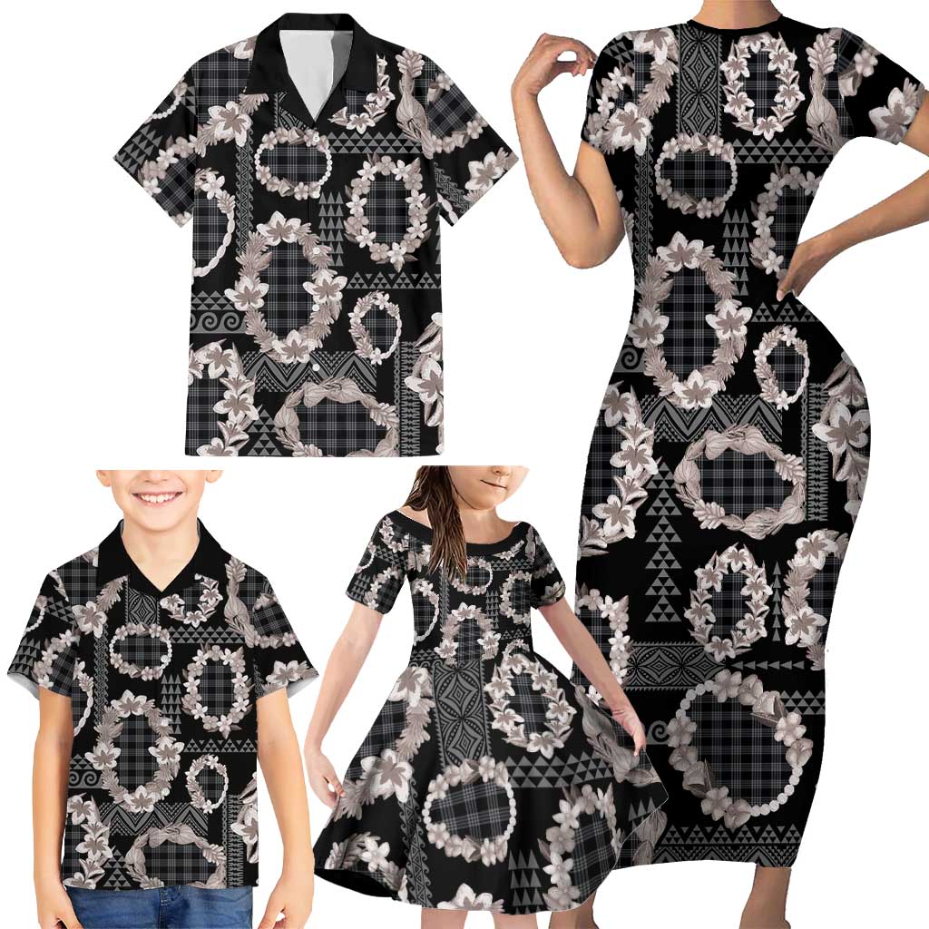 Hawaiian Leis Family Matching Short Sleeve Bodycon Dress and Hawaiian Shirt Kakau Tattoos and Palaka Pastel Grayscale LT03 - Polynesian Pride