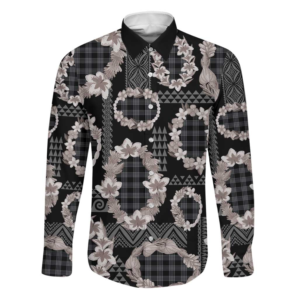 Hawaiian Leis Family Matching Summer Maxi Dress and Hawaiian Shirt Kakau Tattoos and Palaka Pastel Grayscale LT03 Dad's Shirt - Long Sleeve Black - Polynesian Pride
