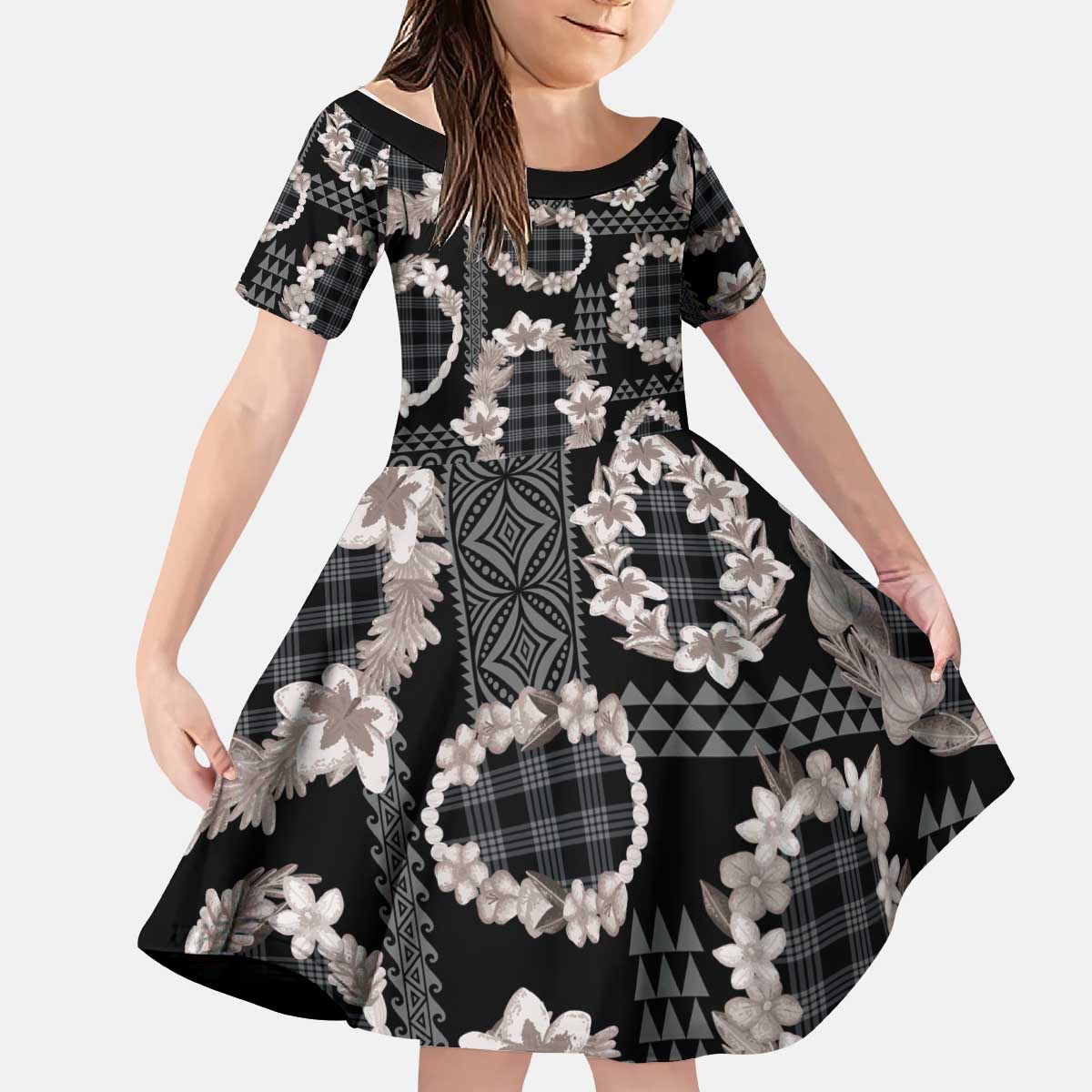 Hawaiian Leis Kid Short Sleeve Dress Kakau Tattoos and Palaka Pastel Grayscale