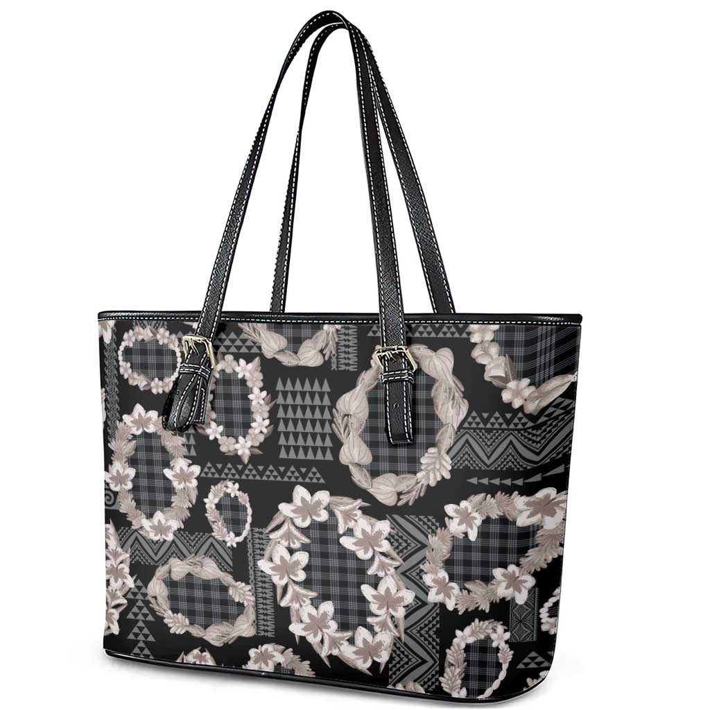 Hawaiian Leis Leather Tote Bag Kakau Tattoos and Palaka Pastel Grayscale LT03 - Polynesian Pride