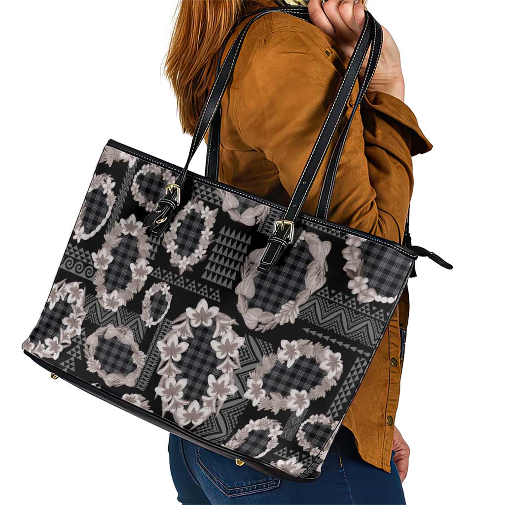 Hawaiian Leis Leather Tote Bag Kakau Tattoos and Palaka Pastel Grayscale LT03 - Polynesian Pride