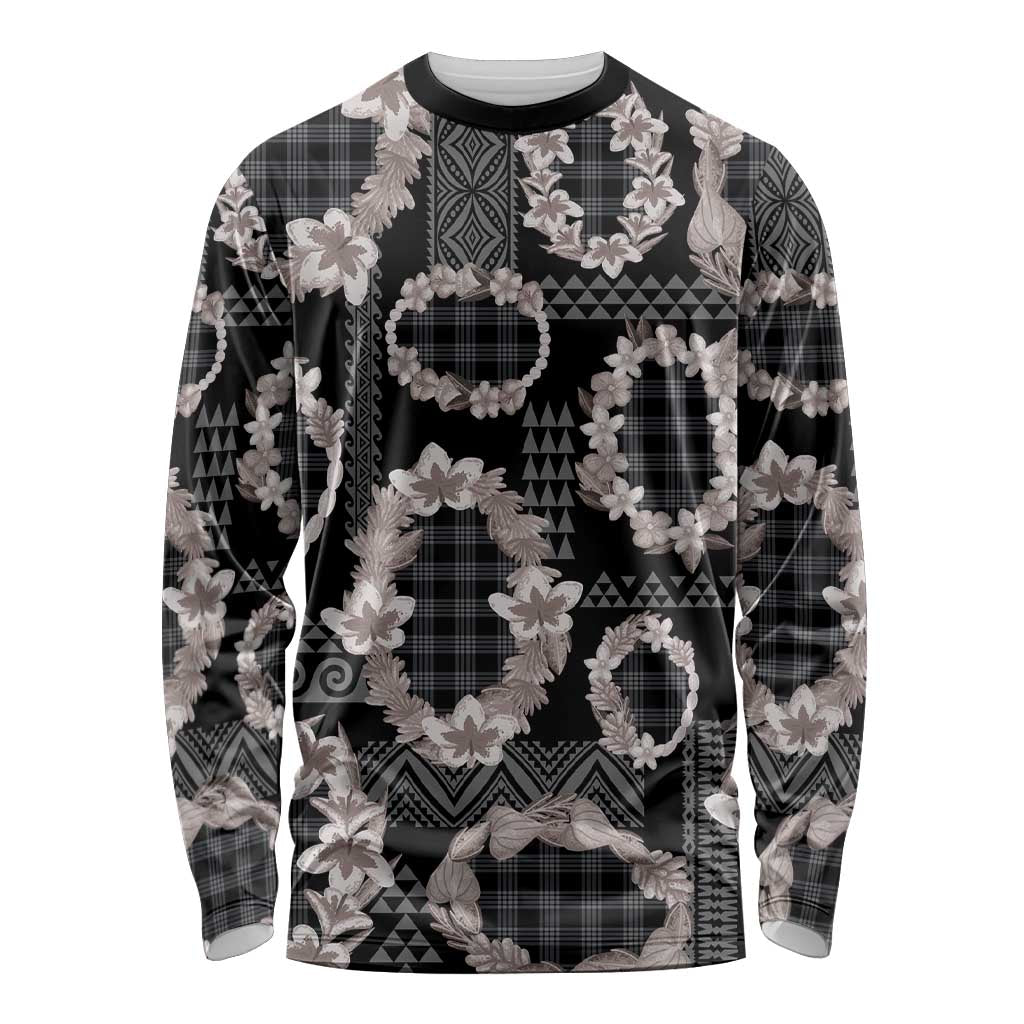 Hawaiian Leis Long Sleeve Shirt Kakau Tattoos and Palaka Pastel Grayscale LT03 Unisex Black - Polynesian Pride