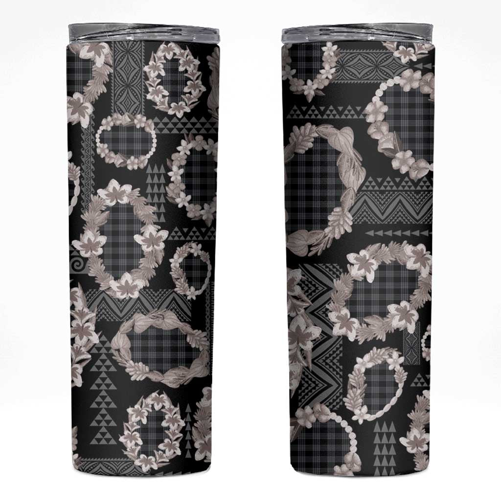 Hawaiian Leis Skinny Tumbler Kakau Tattoos and Palaka Pastel Grayscale LT03 Black - Polynesian Pride