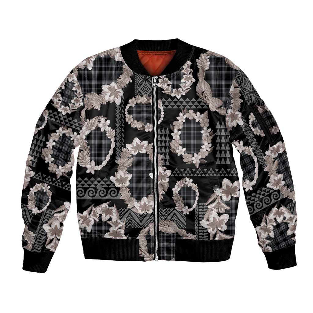 Hawaiian Leis Sleeve Zip Bomber Jacket Kakau Tattoos and Palaka Pastel Grayscale