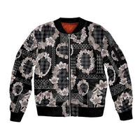 Hawaiian Leis Sleeve Zip Bomber Jacket Kakau Tattoos and Palaka Pastel Grayscale