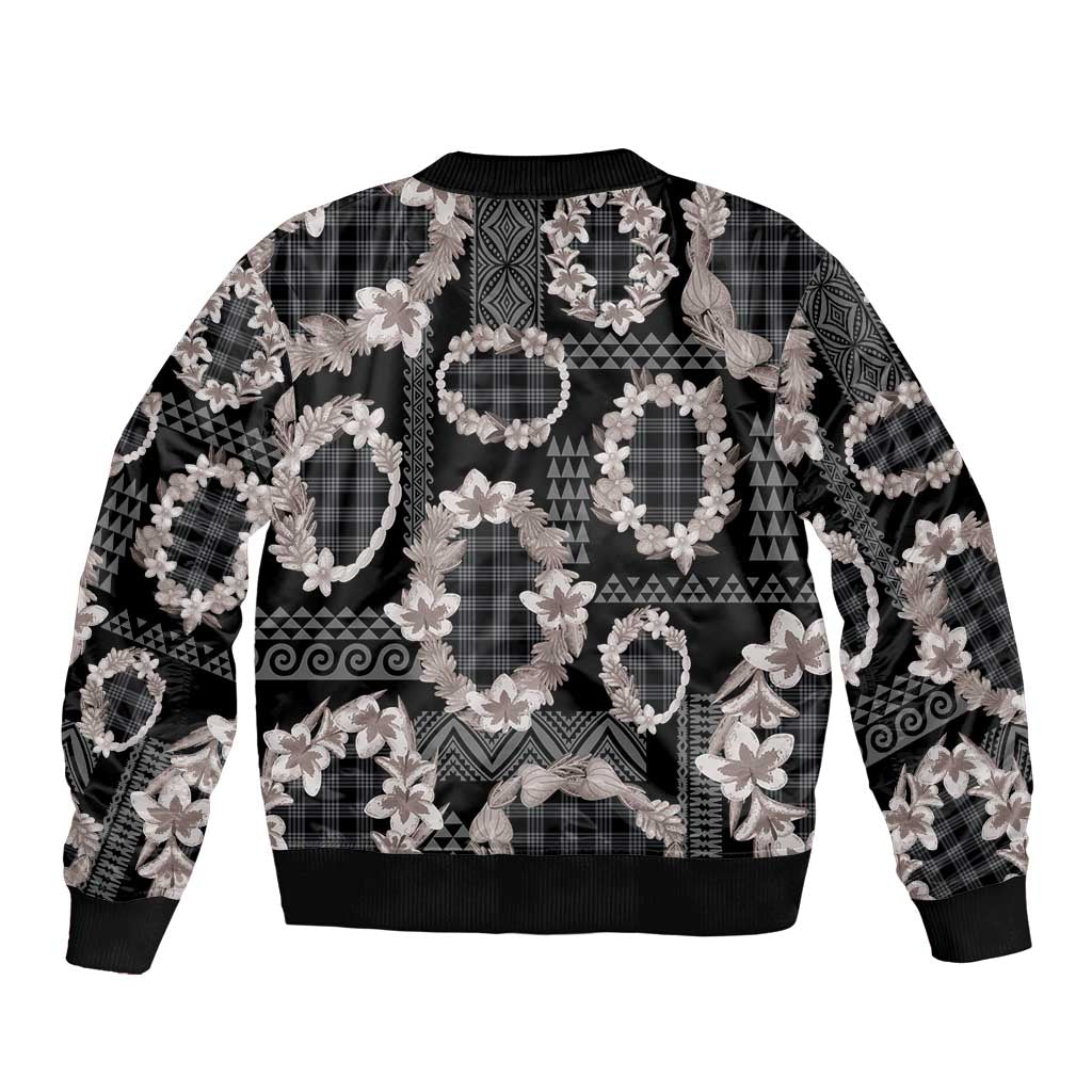 Hawaiian Leis Sleeve Zip Bomber Jacket Kakau Tattoos and Palaka Pastel Grayscale