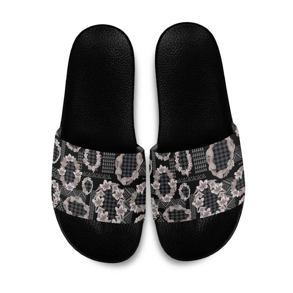 Hawaiian Leis Slide Sandals Kakau Tattoos and Palaka Pastel Grayscale LT03 Black - Polynesian Pride