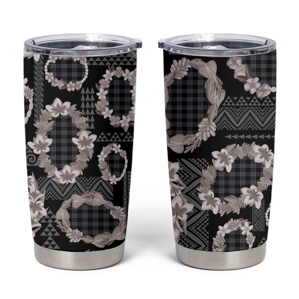 Hawaiian Leis Tumbler Cup Kakau Tattoos and Palaka Pastel Grayscale LT03 Black - Polynesian Pride