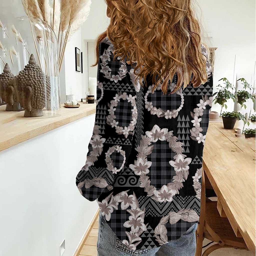 Hawaiian Leis Women Casual Shirt Kakau Tattoos and Palaka Pastel Grayscale LT03 - Polynesian Pride