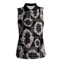 Hawaiian Leis Women Sleeveless Polo Shirt Kakau Tattoos and Palaka Pastel Grayscale LT03 Female Black - Polynesian Pride