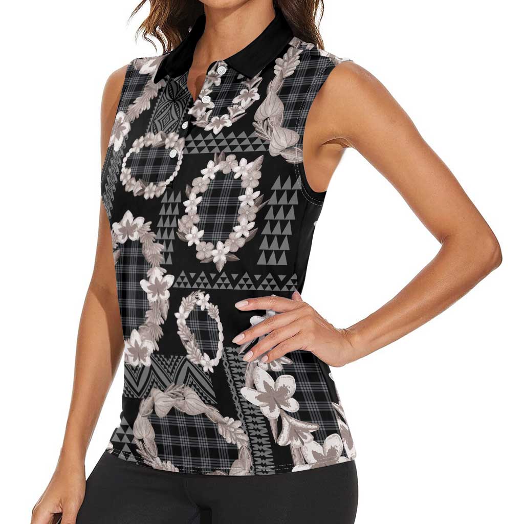 Hawaiian Leis Women Sleeveless Polo Shirt Kakau Tattoos and Palaka Pastel Grayscale LT03 - Polynesian Pride