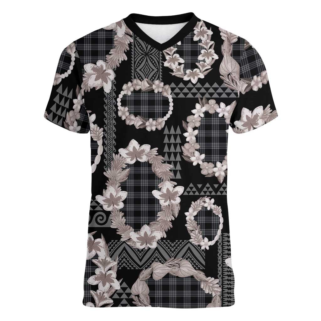 Hawaiian Leis Women V-Neck T-Shirt Kakau Tattoos and Palaka Pastel Grayscale LT03 Female Black - Polynesian Pride