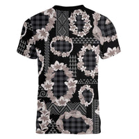 Hawaiian Leis Women V-Neck T-Shirt Kakau Tattoos and Palaka Pastel Grayscale LT03 - Polynesian Pride