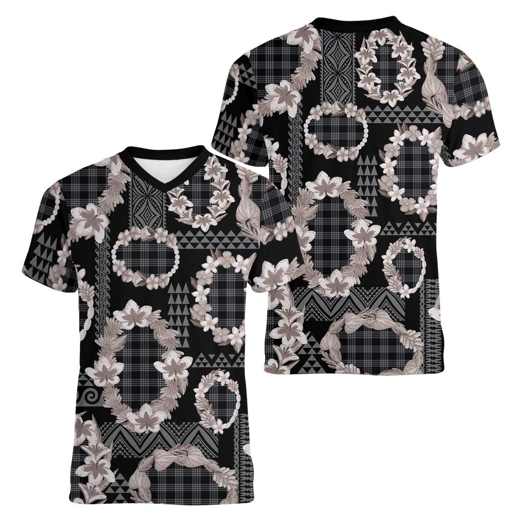 Hawaiian Leis Women V-Neck T-Shirt Kakau Tattoos and Palaka Pastel Grayscale LT03 - Polynesian Pride