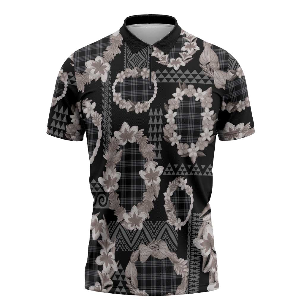 Hawaiian Leis Zipper Polo Shirt Kakau Tattoos and Palaka Pastel Grayscale
