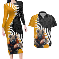 New Zealand and Australia Rugby Couples Matching Long Sleeve Bodycon Dress and Hawaiian Shirt Koala and Maori Warrior Together LT03 Black - Polynesian Pride