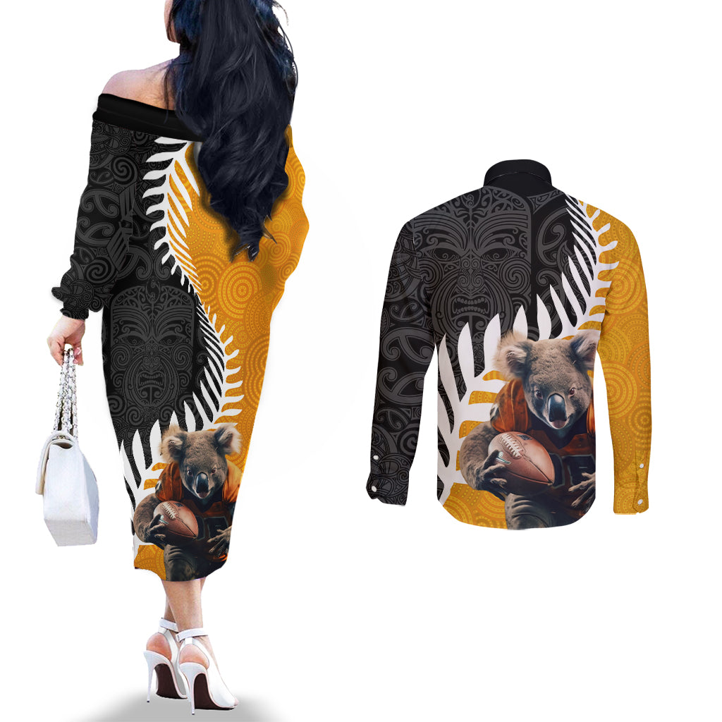 New Zealand and Australia Rugby Couples Matching Off The Shoulder Long Sleeve Dress and Long Sleeve Button Shirt Koala and Maori Warrior Together