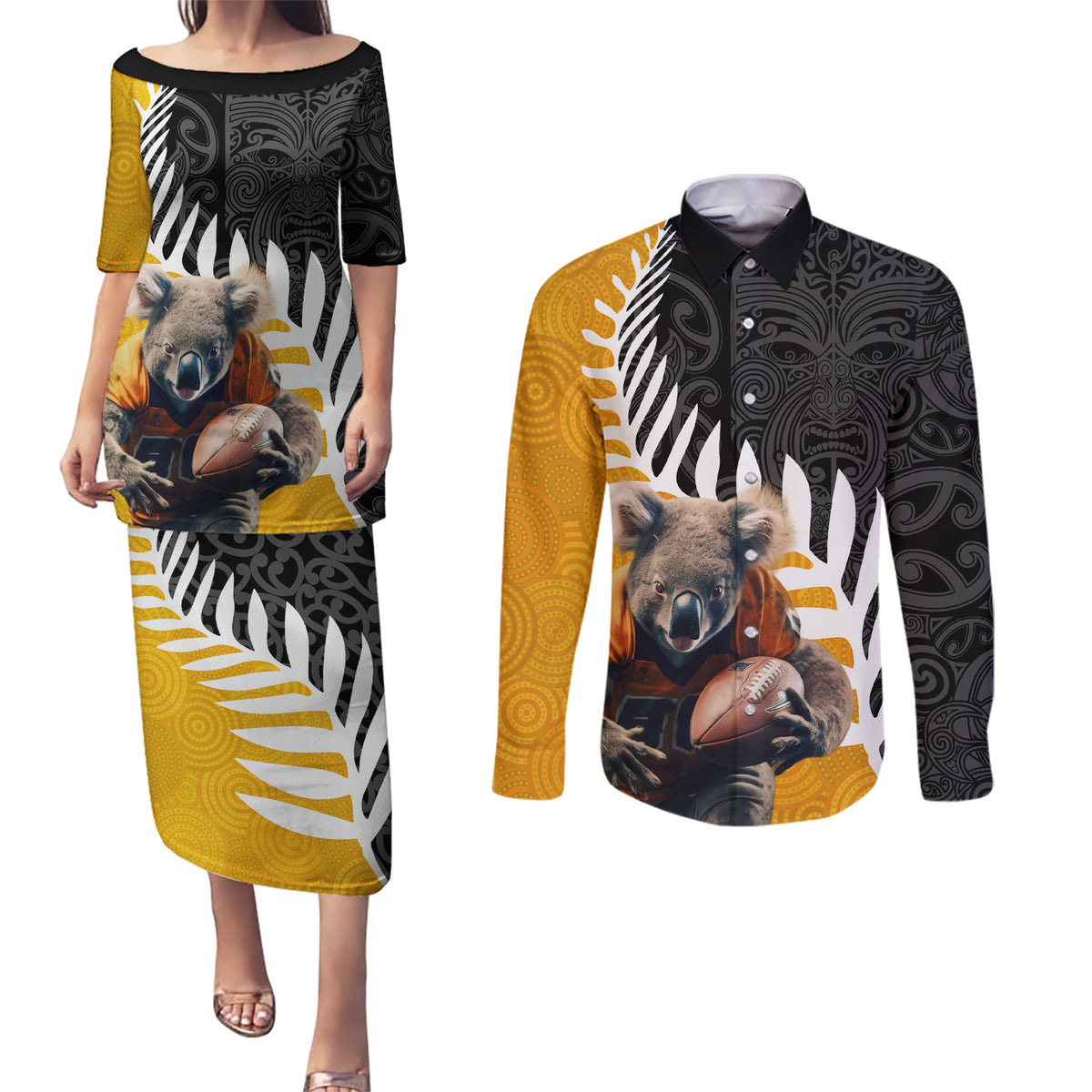 New Zealand and Australia Rugby Couples Matching Puletasi and Long Sleeve Button Shirt Koala and Maori Warrior Together LT03 Black - Polynesian Pride