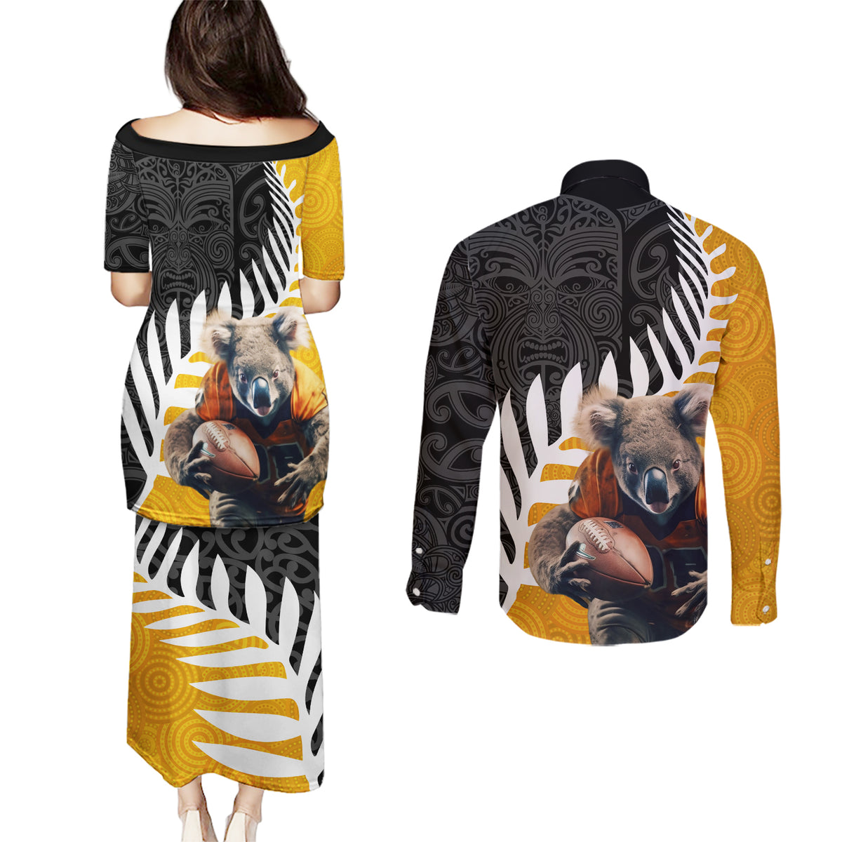 New Zealand and Australia Rugby Couples Matching Puletasi and Long Sleeve Button Shirt Koala and Maori Warrior Together LT03 - Polynesian Pride
