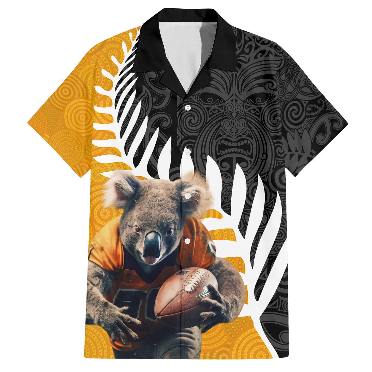 New Zealand and Australia Rugby Family Matching Off Shoulder Maxi Dress and Hawaiian Shirt Koala and Maori Warrior Together LT03 Dad's Shirt - Short Sleeve Black - Polynesian Pride