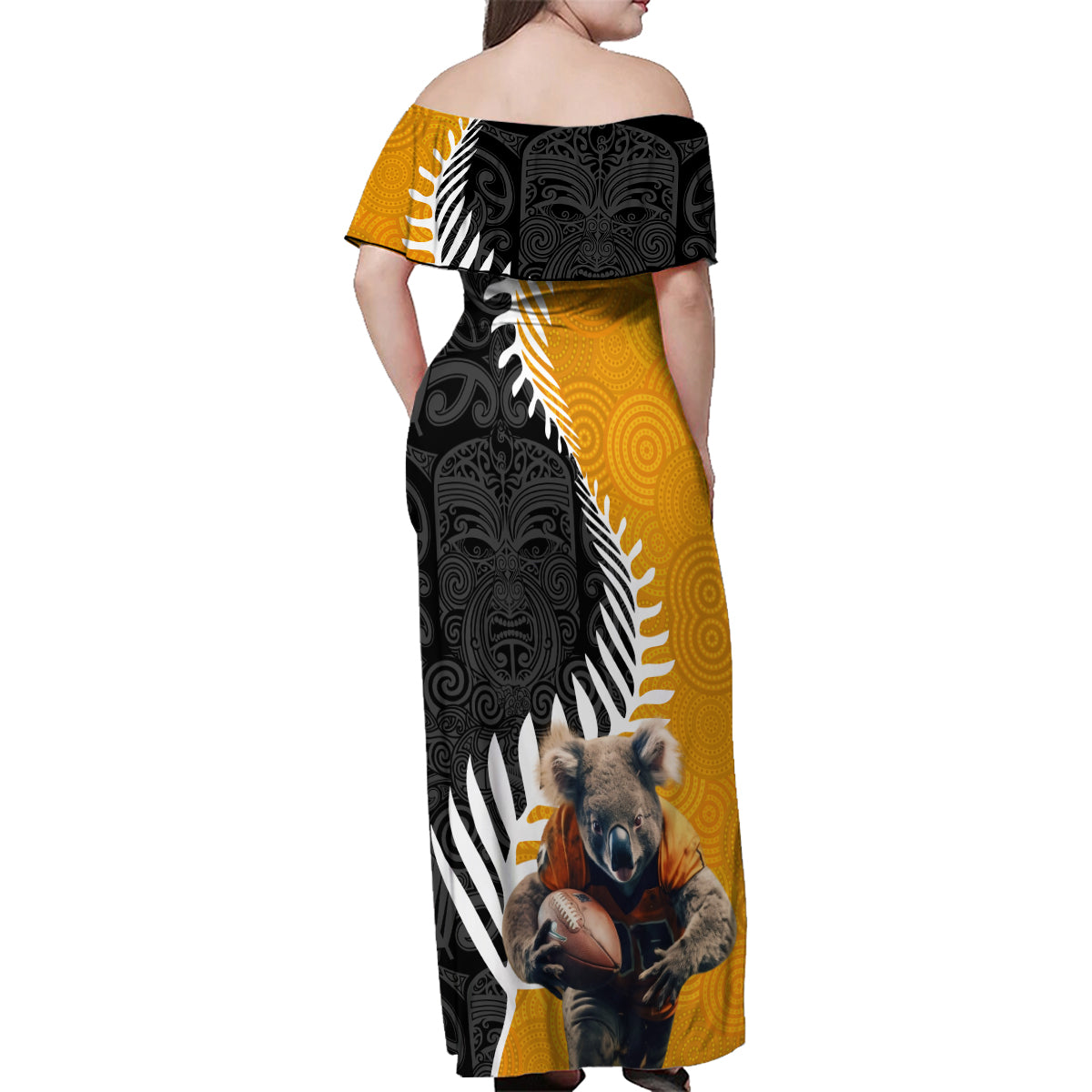 New Zealand and Australia Rugby Family Matching Off Shoulder Maxi Dress and Hawaiian Shirt Koala and Maori Warrior Together LT03 - Polynesian Pride